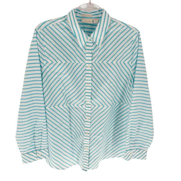 Chicos 3 Shirt Womens XL Blue White Chevron Striped Button Down No Iron Office - Picture 1 of 16